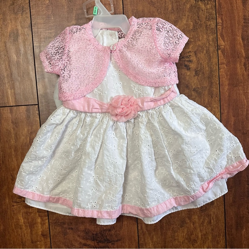 Girls white eyelet dress with pink lace shawl 6-9 months